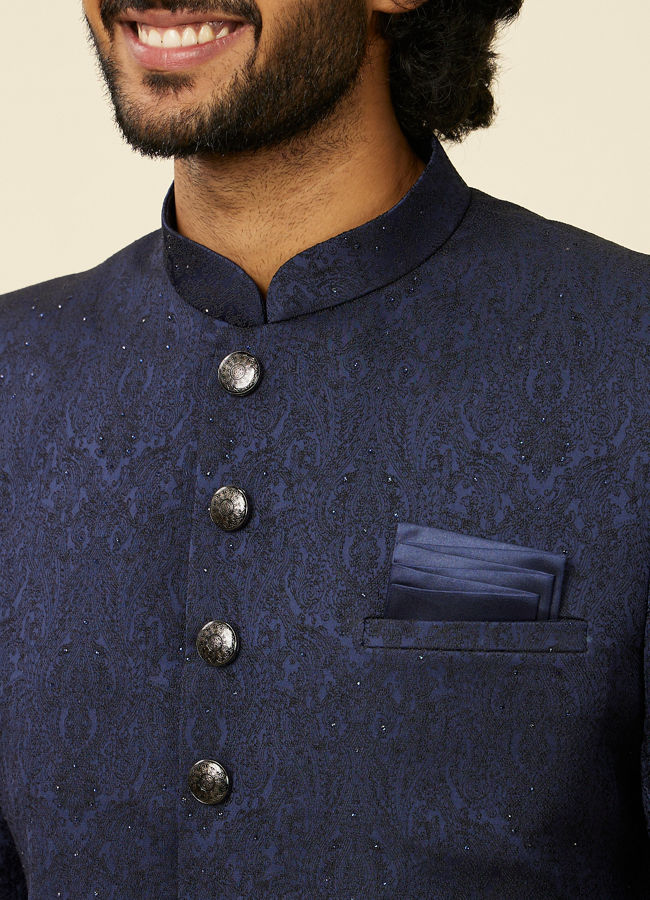 alt message - Manyavar Men Dark Blue Medallion Patterned Achkan Style Sherwani Set image number 1